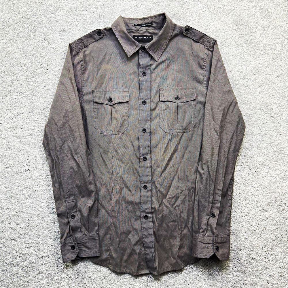 Twenty One Men Gray Striped Long Sleeve Button Up Shirt Epaulets Mens Size S